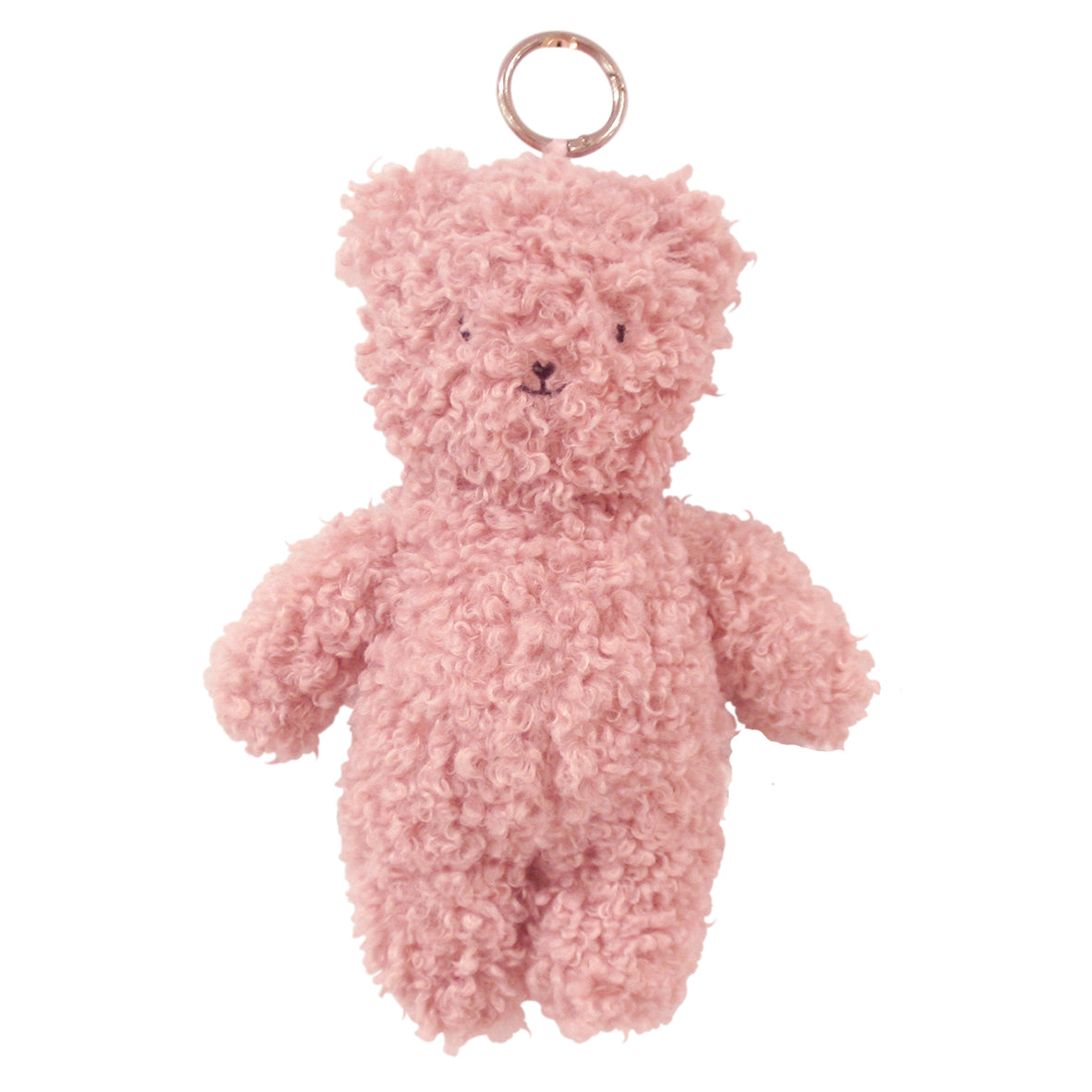 Small fluffy pink teddy bear bag charm with curly soft fur and a metal keyring attached to the head.
