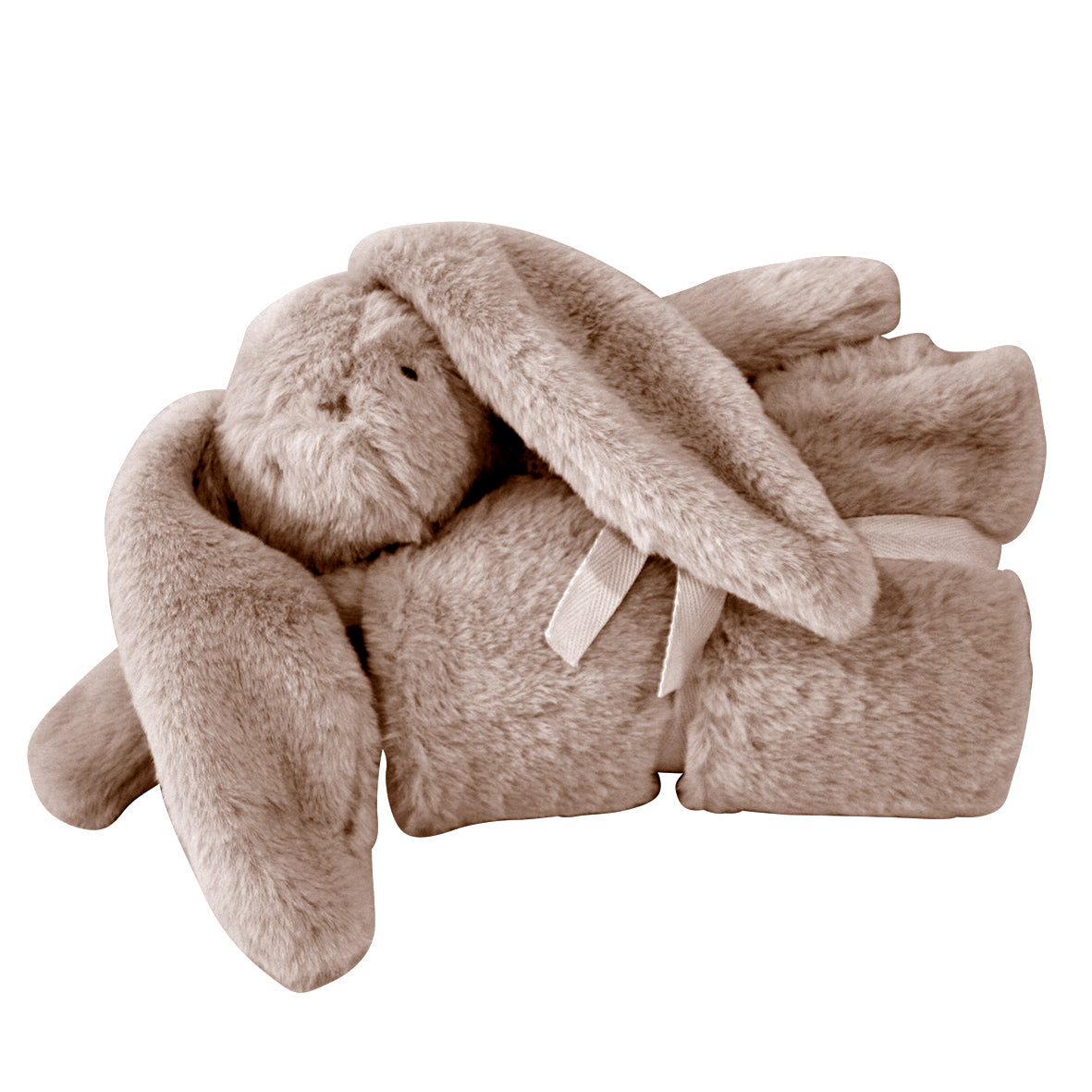 Soft grey plush lovey blanket with attached floppy-eared bunny head and paws.