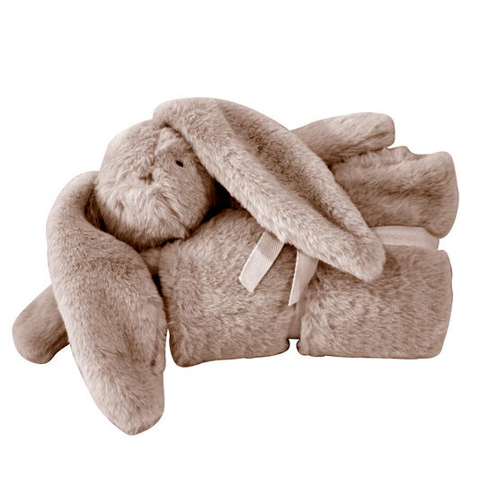 Soft grey plush lovey blanket with attached floppy-eared bunny head and paws.