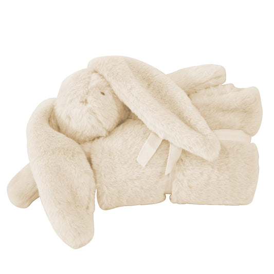 Soft ivory plush lovey blanket with attached bunny ears and a small stuffed face.