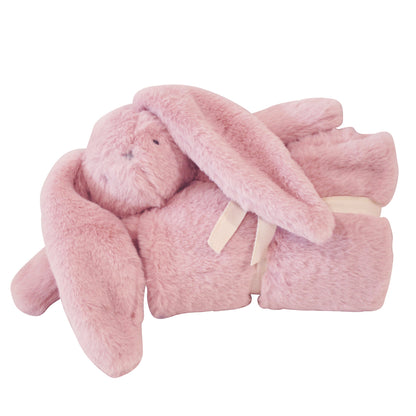 Soft pink plush lovey blanket with a floppy-eared bunny head and arms, tied with a pale ribbon.