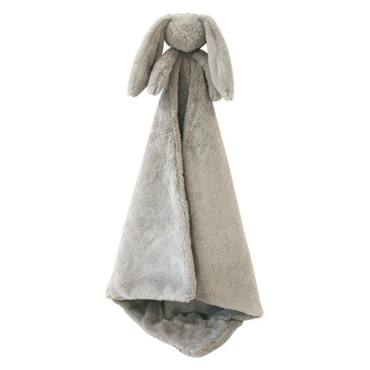 Grey plush lovey blanket with a soft bunny head and long floppy ears.