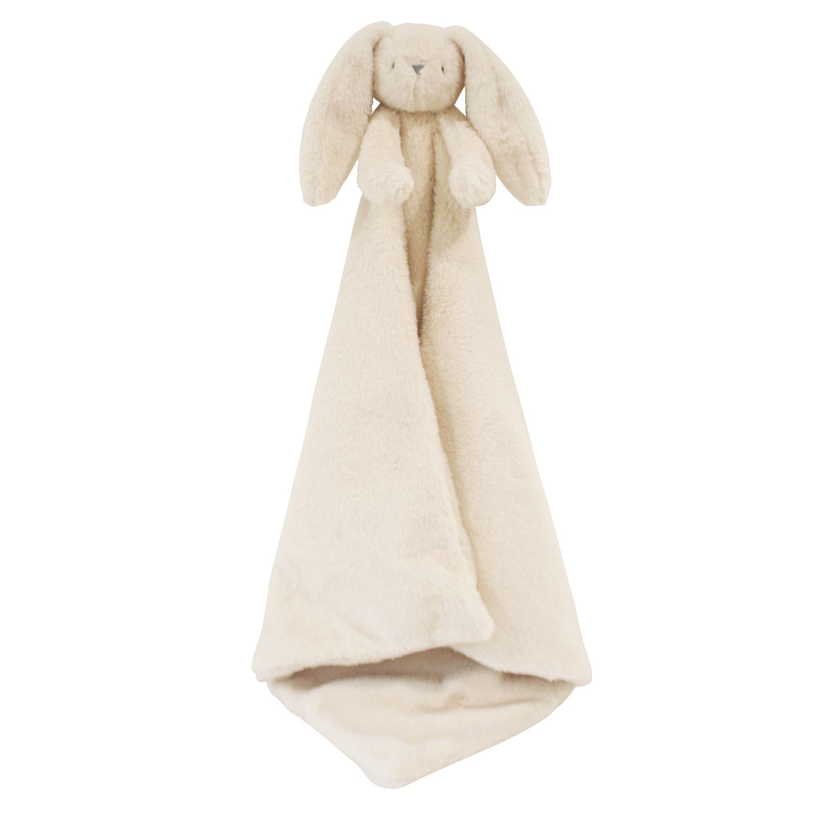 Ivory plush lovey blanket with a soft bunny head and long floppy ears.