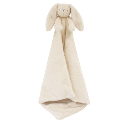 Ivory plush lovey blanket with a soft bunny head and long floppy ears.