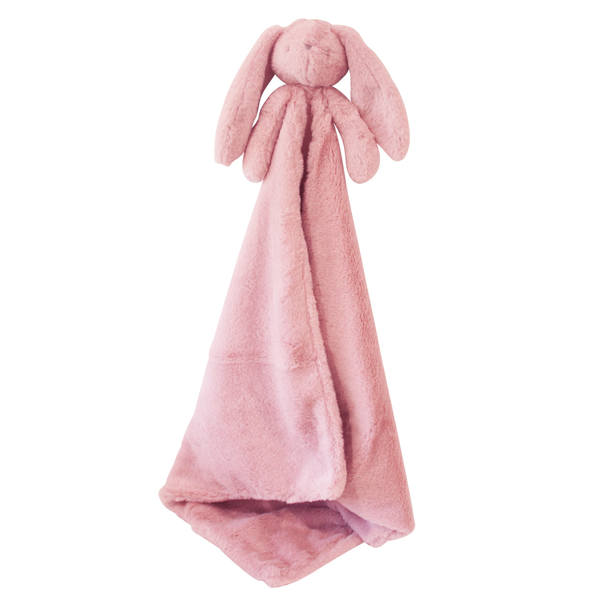 Soft pink plush lovey blanket with attached floppy-eared bunny head and arms.