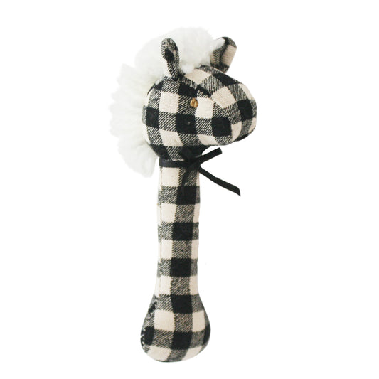 Alimrose Horse Stick Rattle in black check pattern, perfect first toy for babies with soft grip and gentle rattle sound.