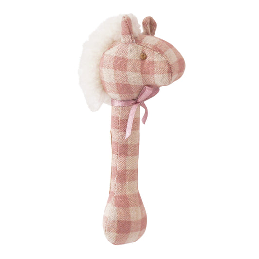 Adorable Alimrose Horse Stick Rattle in pink check pattern, perfect for baby's first toy and easy to grip.