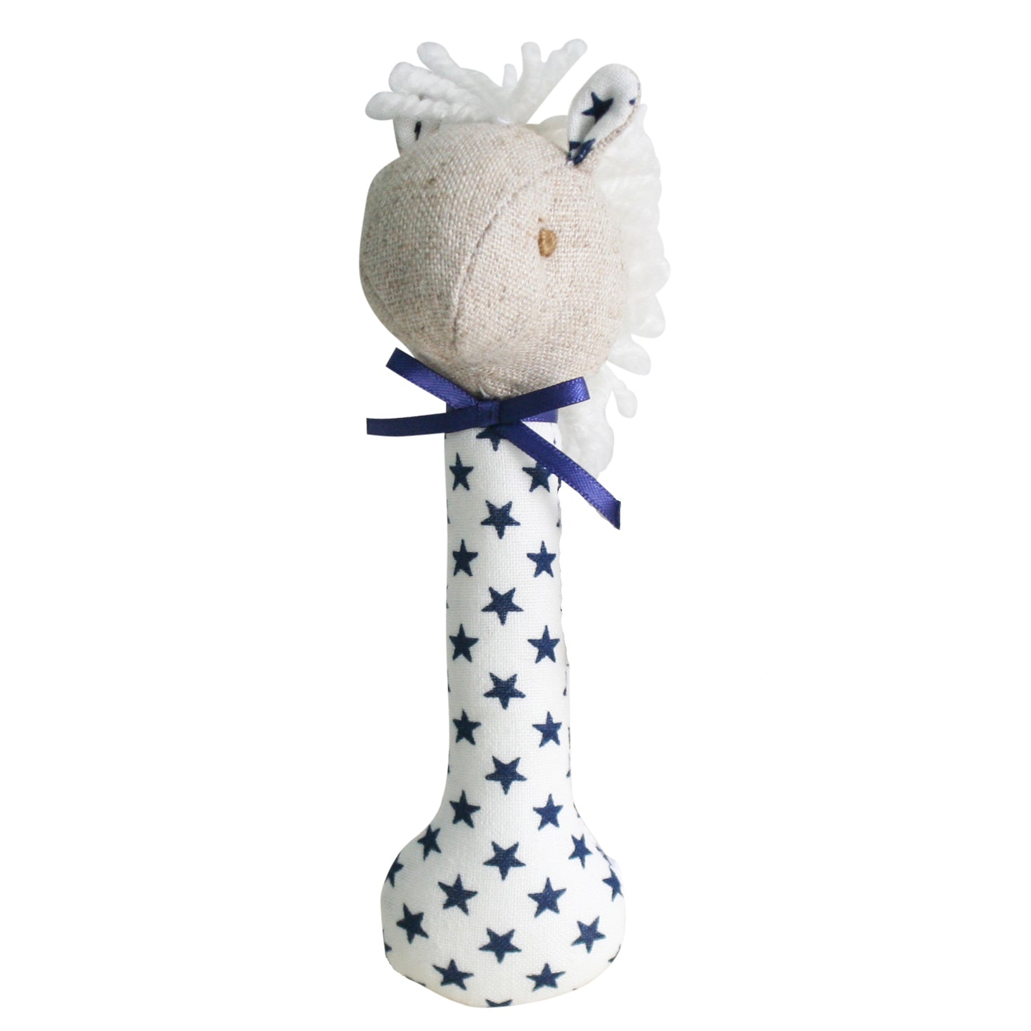 White fabric horse stick rattle with navy stars and blue ribbon bow.