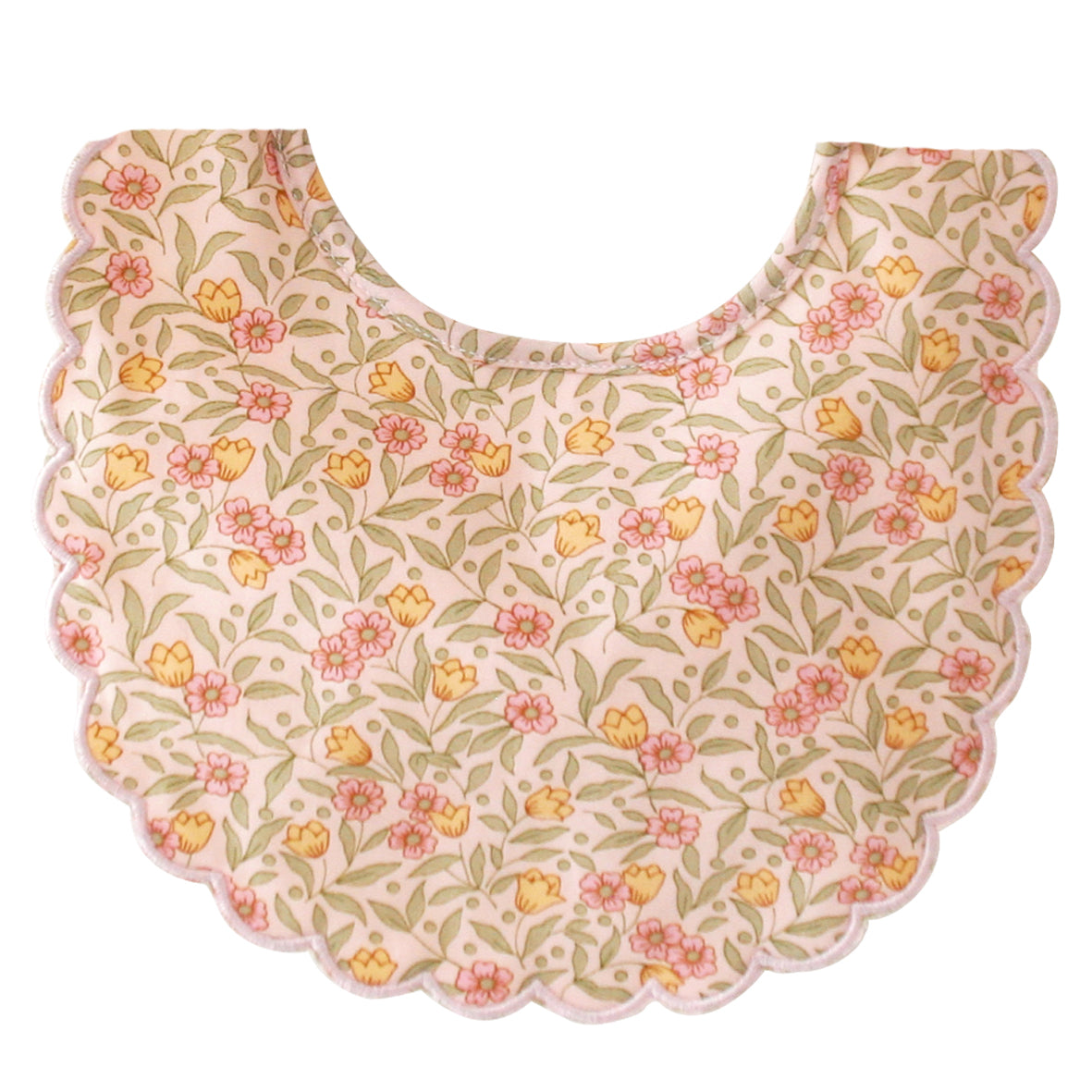 Pink scallop-edged baby bib with floral pattern in soft yellow, green, and coral tones.