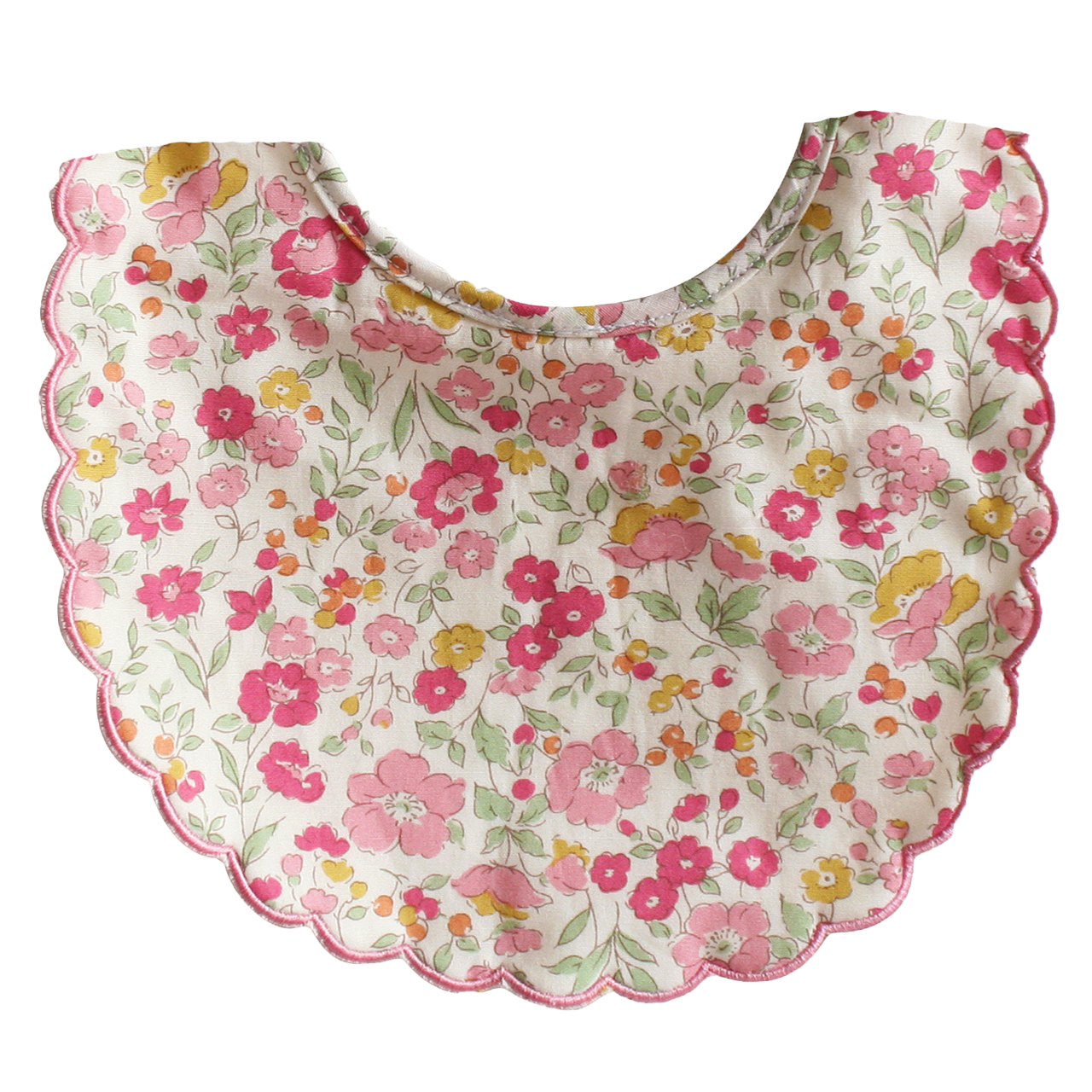 Round baby bib with scalloped edges, featuring pink, red, and yellow floral pattern on white fabric.