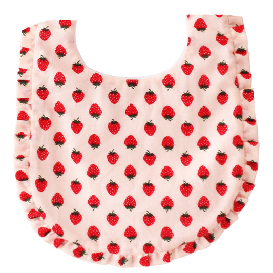 Ruffle Edge Bib in soft cotton featuring strawberry print, perfect for mealtime messes with charming style.