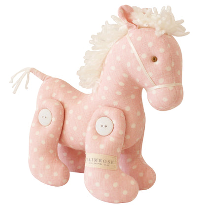 Jointed pony toy in pink with white spots, soft yarn mane, 22cm tall, suitable for children from 3 years.