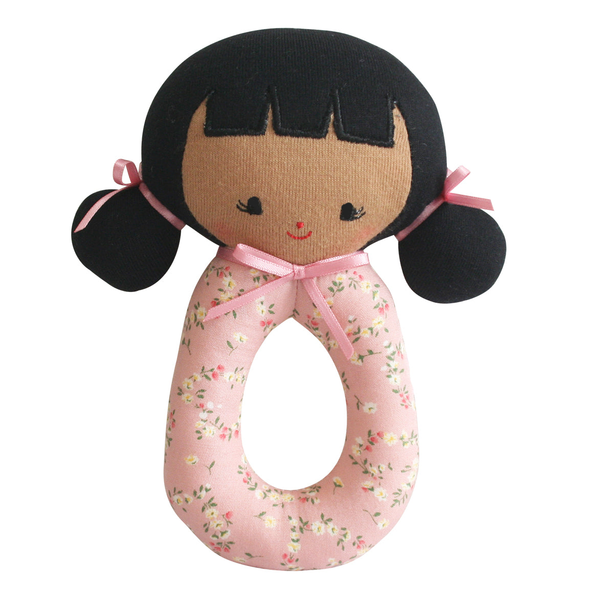 Soft fabric baby rattle shaped like a girl with black hair and pink floral patterned ring handle.