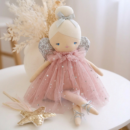 Soft fabric fairy doll with silver glitter wings, pale pink tulle dress, and silver ballet slippers.
