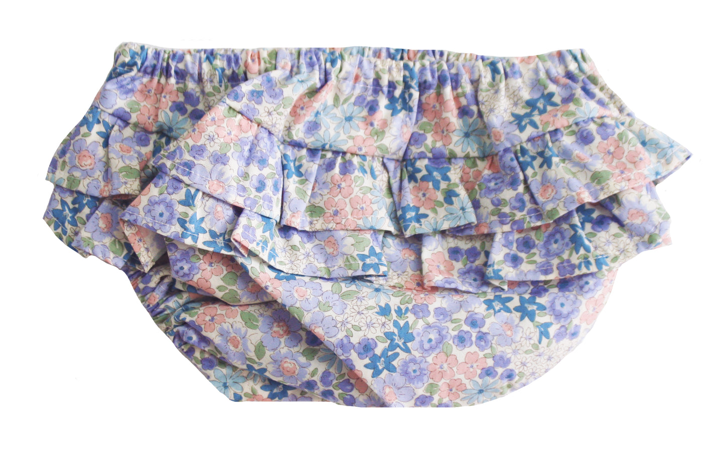 Blue floral baby bloomers with double ruffle layers and elastic waistband.