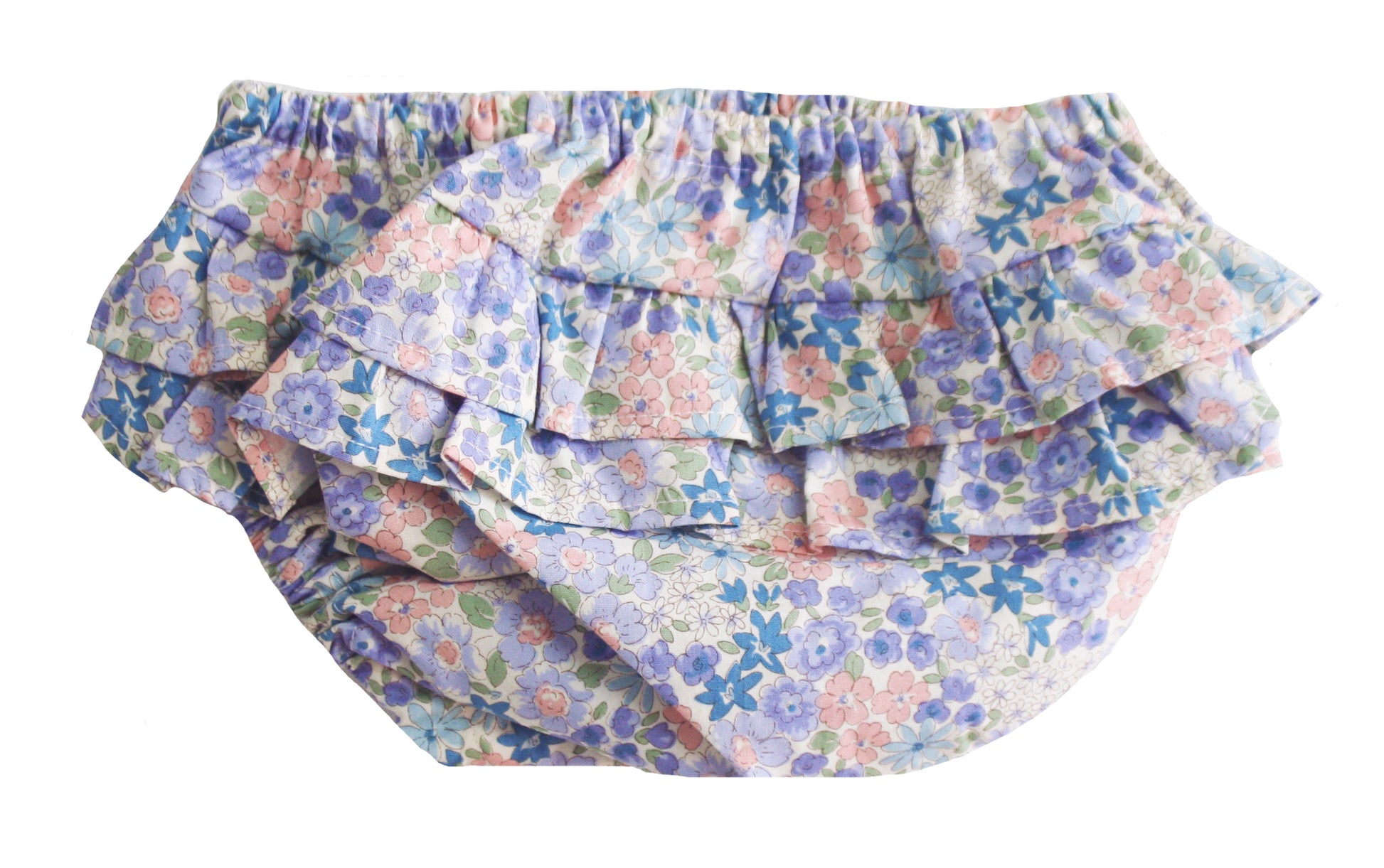 Lilly blue baby bloomers with layered floral ruffles, soft elastic waistband, and pastel colors.
