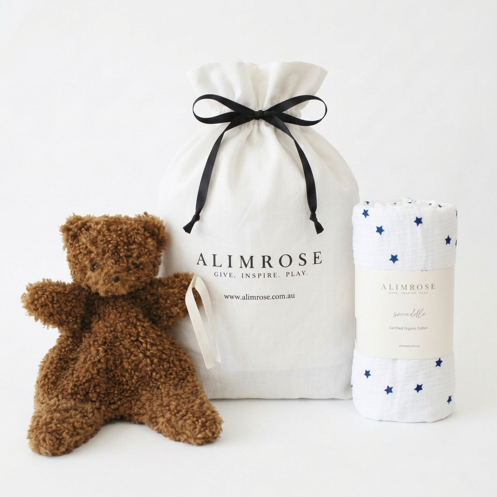 Brown curly plush teddy bear, white drawstring cotton bag with black ribbon, and white swaddle with navy blue stars pattern.