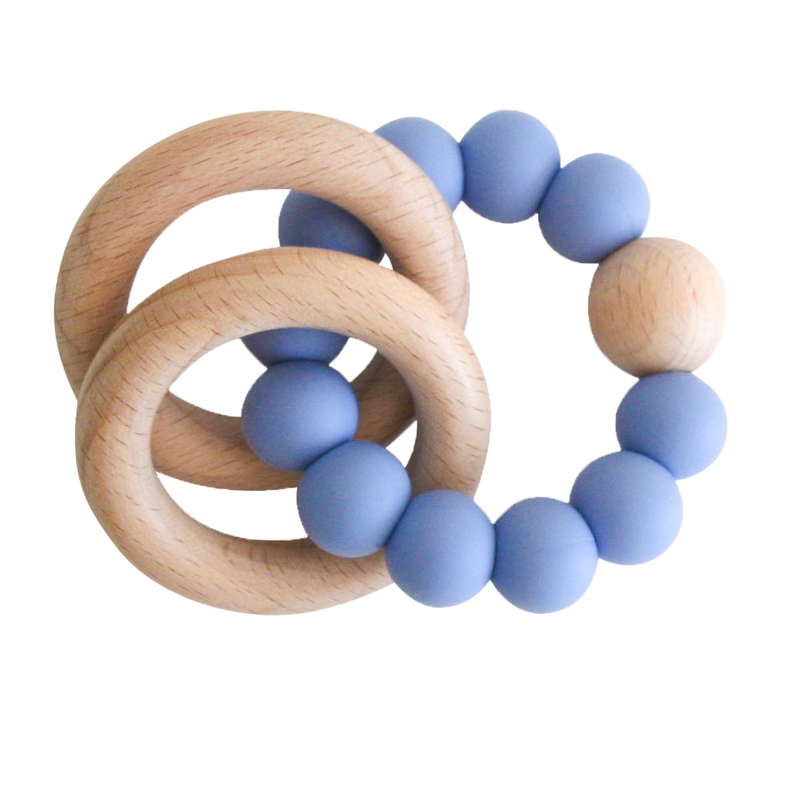 Beechwood teether ring with smooth natural wood and soft matte blue silicone beads.