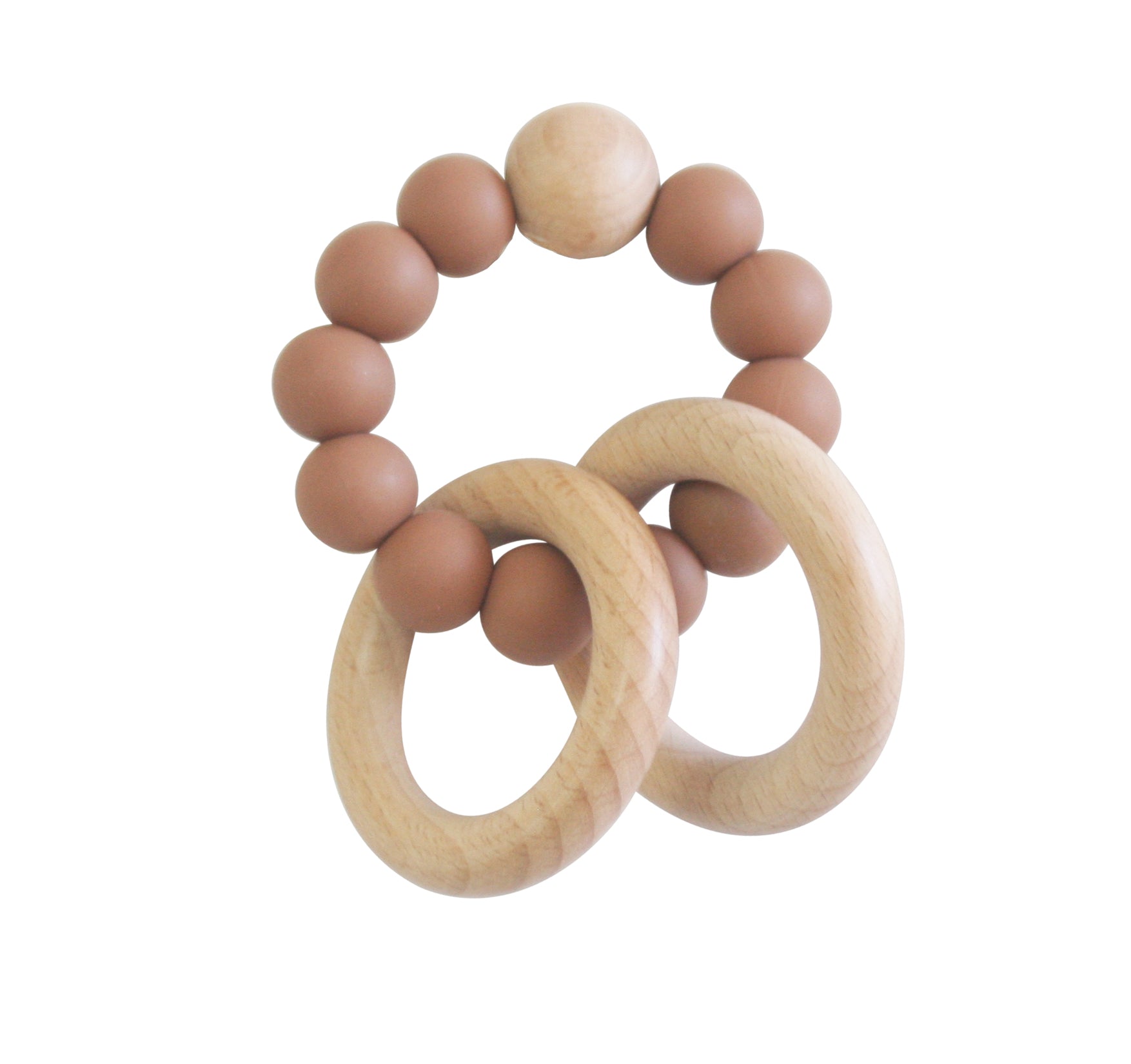 Beechwood teether ring set with natural wooden rings and cinnamon-colored silicone beads.