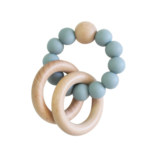 Beechwood teether ring with two natural wood rings and a blue silicone bead circle.