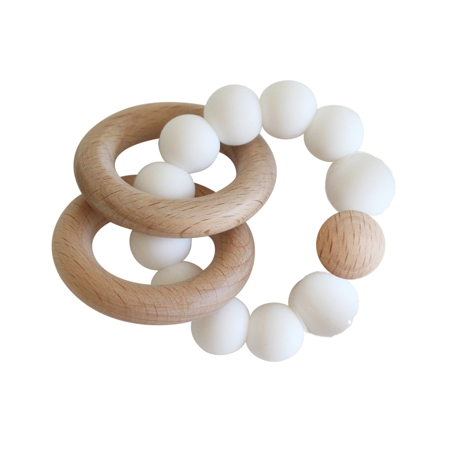 Natural beechwood teether rings with white silicone beads linked in a circular design.