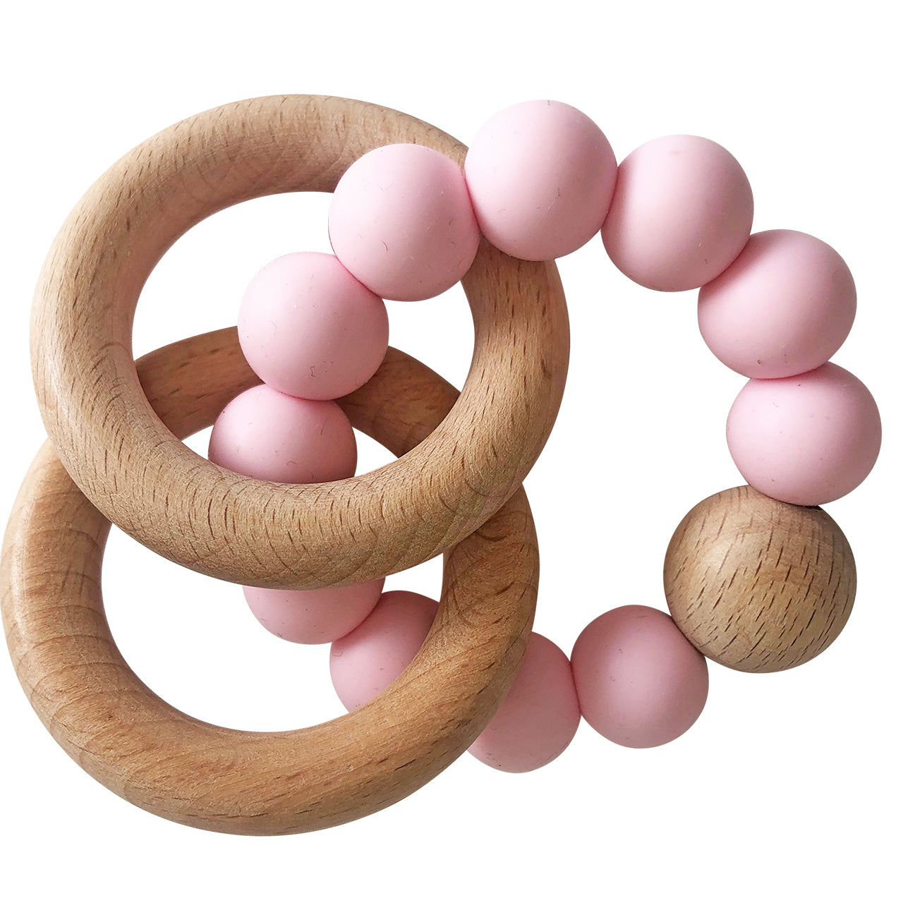 Beechwood teether rings with smooth pink silicone beads on one ring and plain wood rings intertwined.