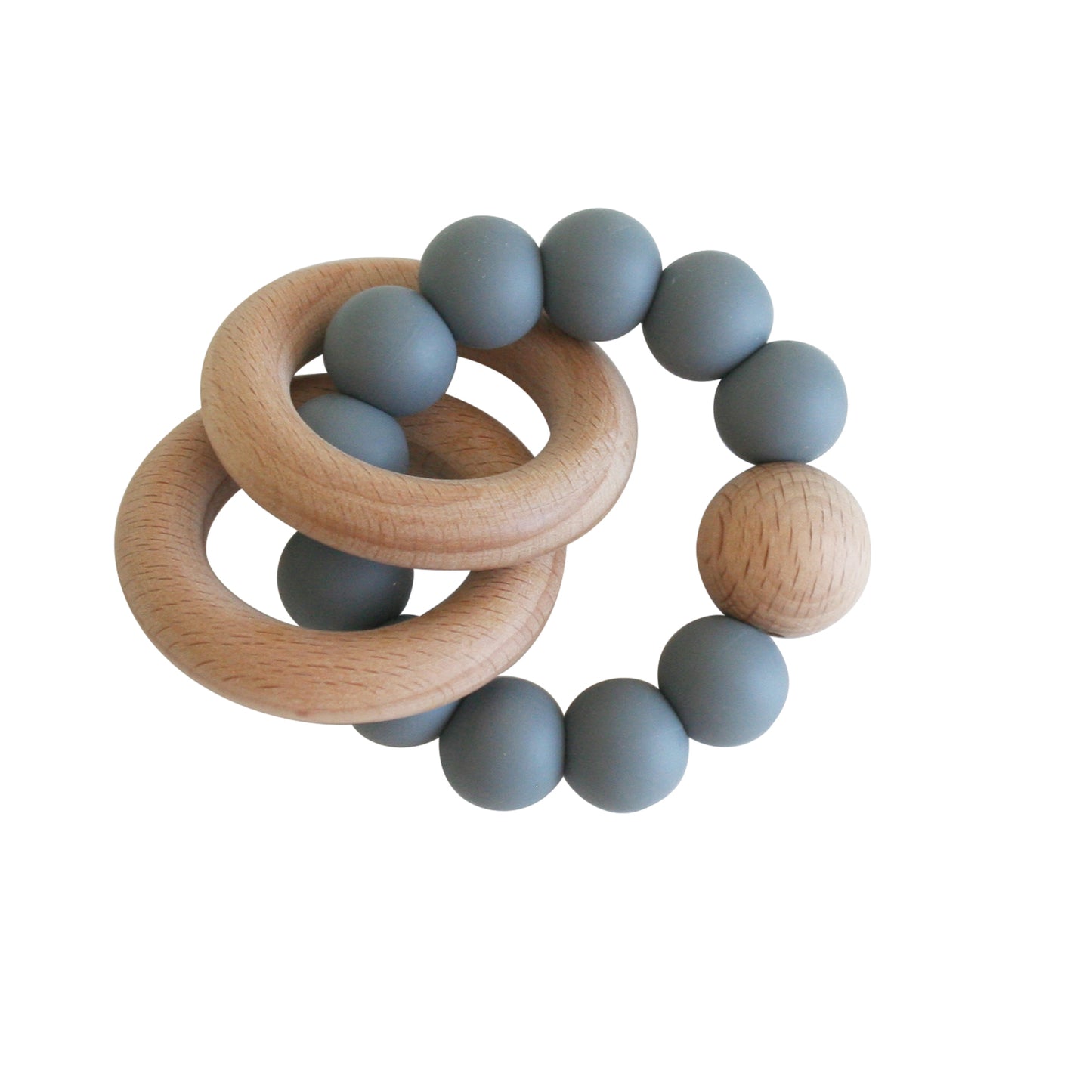 Beechwood teether ring with smooth natural wood and storm grey silicone beads.