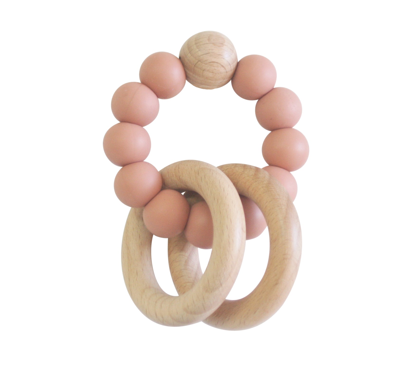 Beechwood teether ring with terracotta silicone beads and two wooden rings attached.