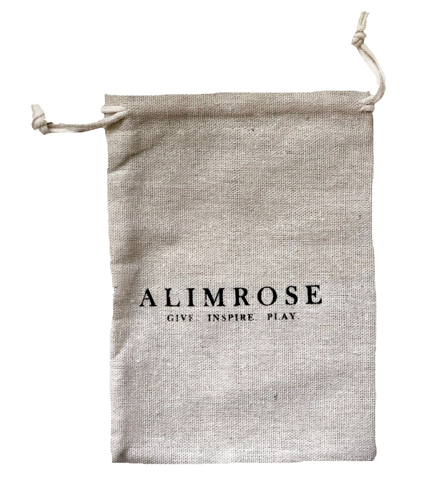 Natural linen drawstring pouch with Alimrose logo and slogan in black text.