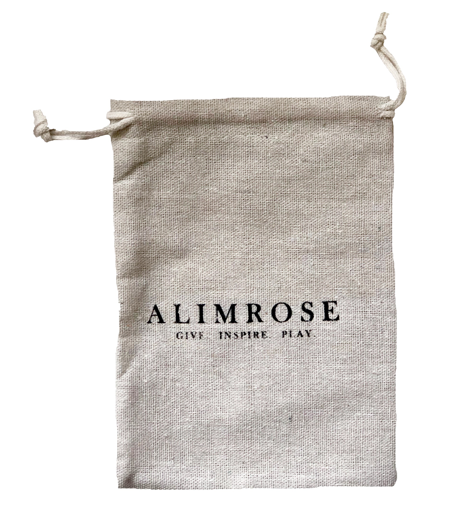 Natural linen drawstring pouch with Alimrose logo and slogan in black text.