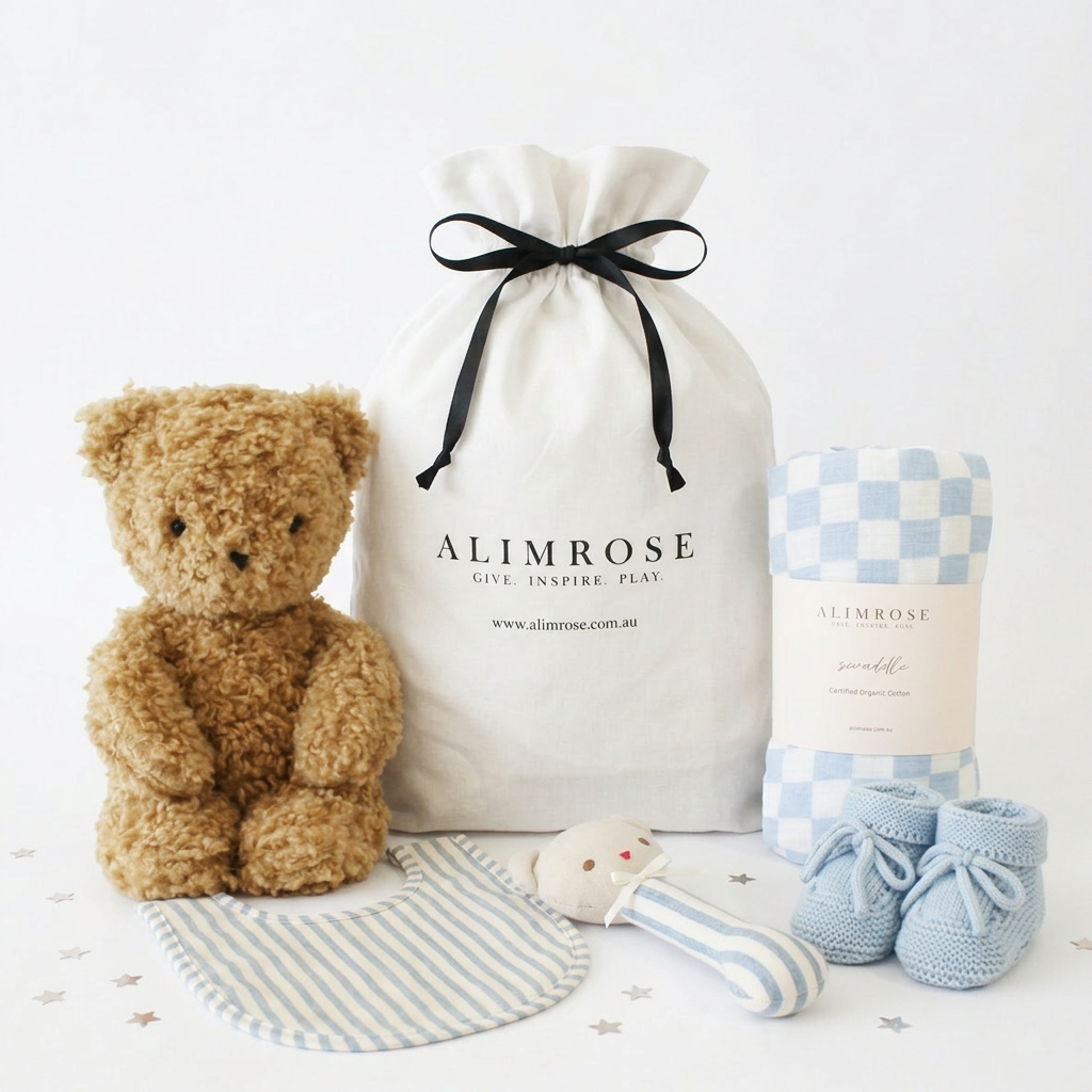 Blue and white deluxe gift hamper with teddy bear, striped bib, rattle, soft booties, and drawstring cotton bag.