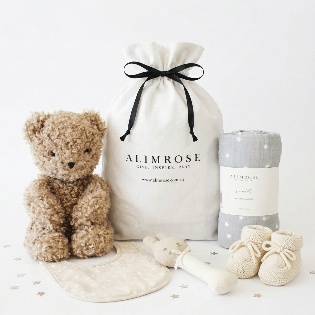 Neutral-toned deluxe gift hamper with a soft teddy bear, cream drawstring bag, gray rolled blanket, beige bib, soft toy, and