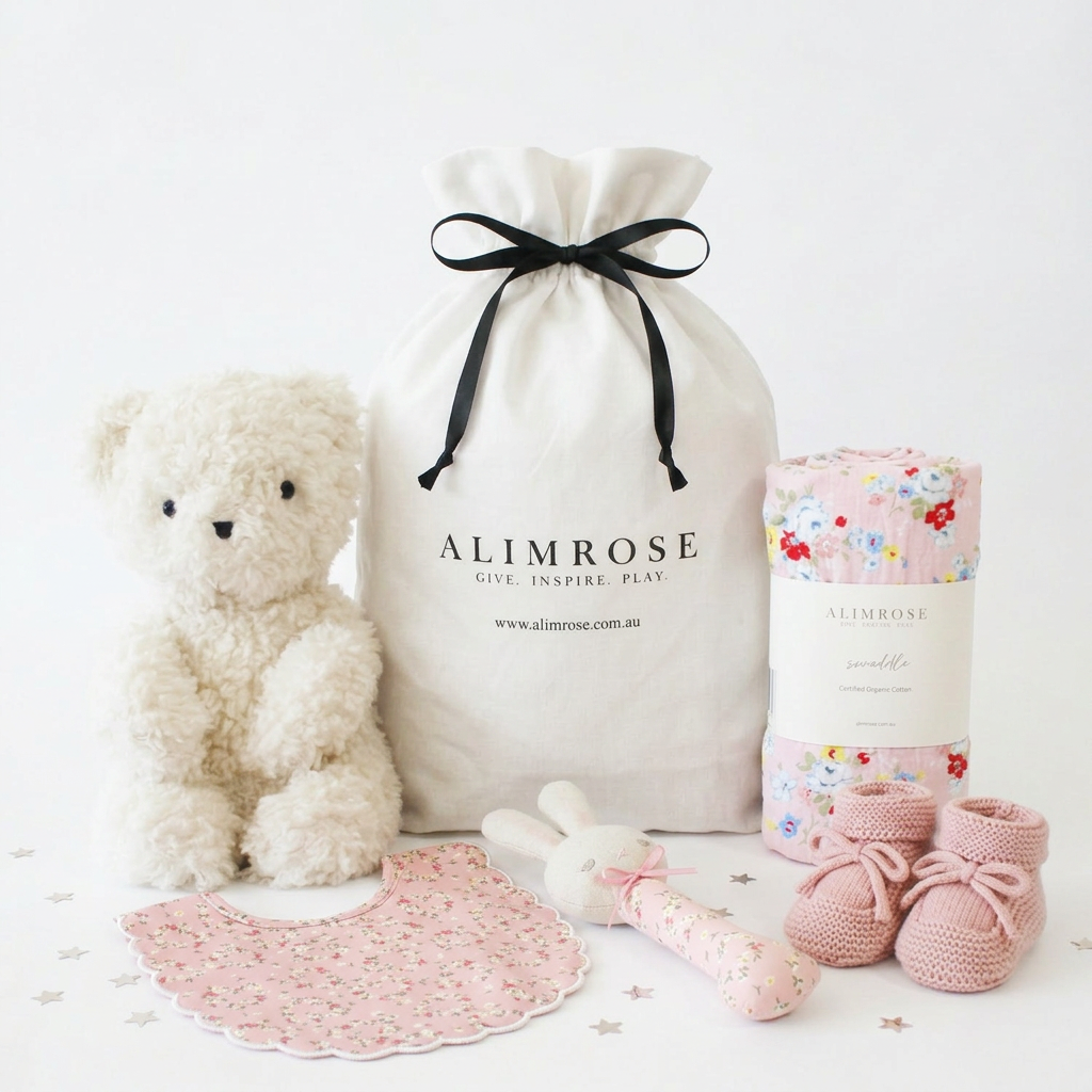 Pink-themed baby gift hamper with a plush teddy bear, floral blanket, rattle, booties, and white drawstring cotton bag with.