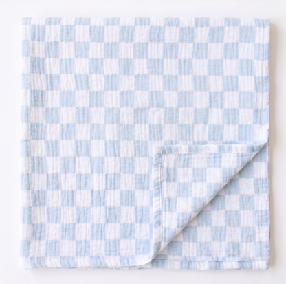 Soft muslin swaddle with light blue and white checkered pattern, lightweight and breathable fabric.
