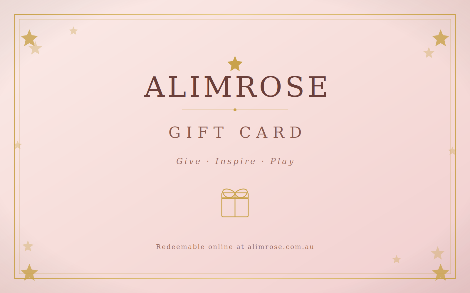 Pink rectangular gift card with gold stars border and text reading Alimrose Gift Card Give Inspire Play with a small gift.