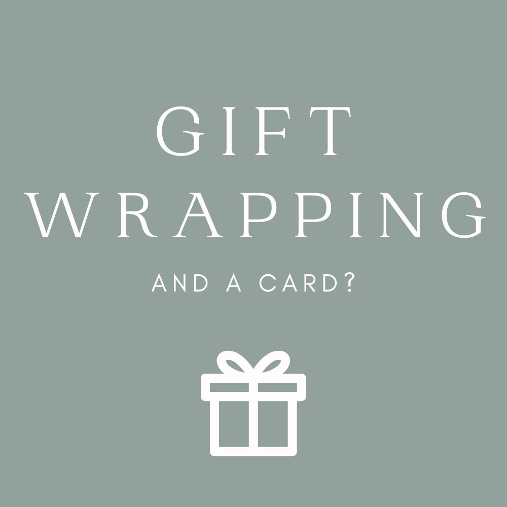 Minimalist gift wrapping text design with white font and a small gift icon on muted green background.