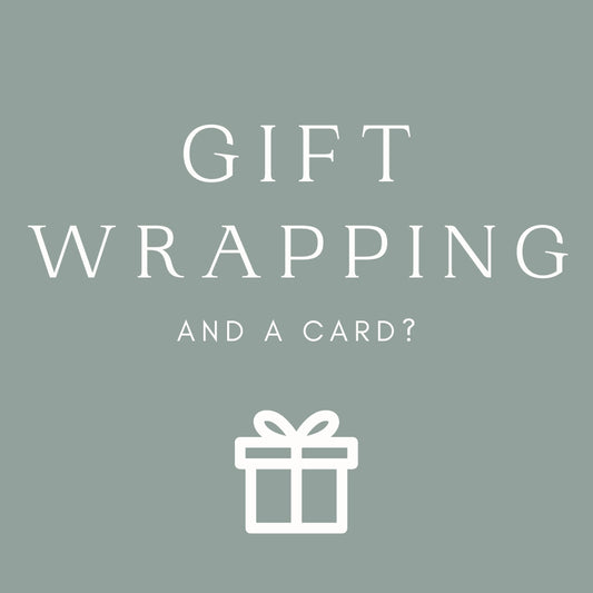 Minimalist gift wrapping text design with white font and a small gift icon on muted green background.
