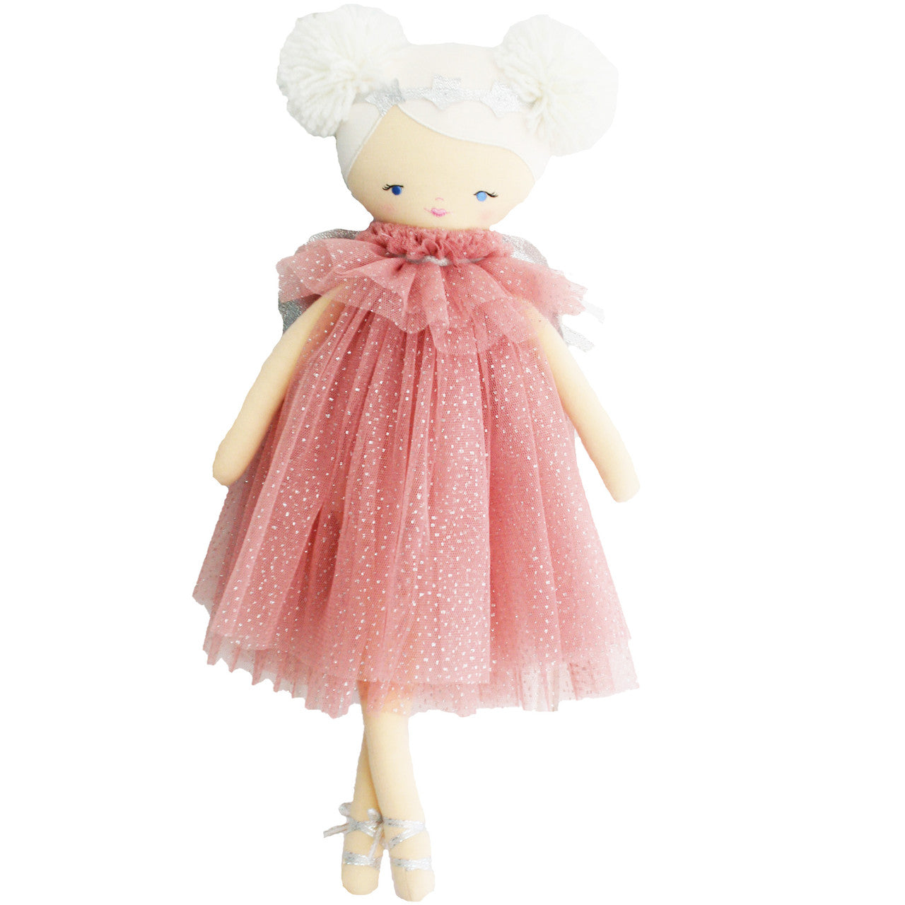 Ava Angel Doll 48cm in blush tulle dress with silver wings and pom pom hairstyle, perfect for children from 3 years up.