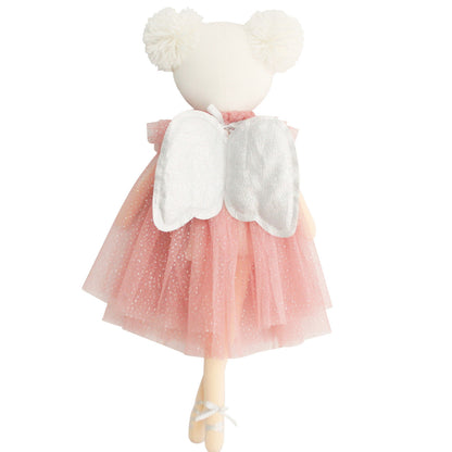 Ava Angel Doll 48cm in a pink tulle dress with silver wings and pom pom hairstyle, perfect for ages 3 and up.