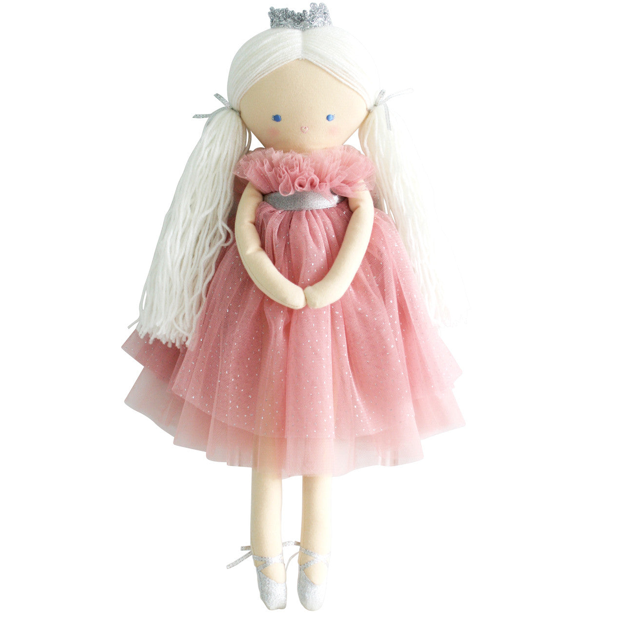 Adorable Penelope Princess Doll in fluffy sparkle blush tulle dress with silver bow and crown, perfect for imaginative play.