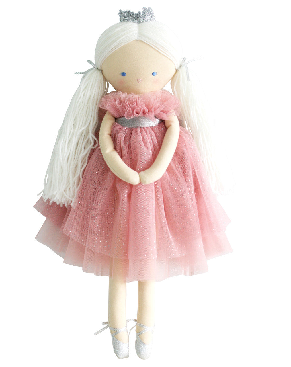 Penelope Princess Doll with sparkle blush tulle dress, silver crown, and long yarn hair perfect for braiding.