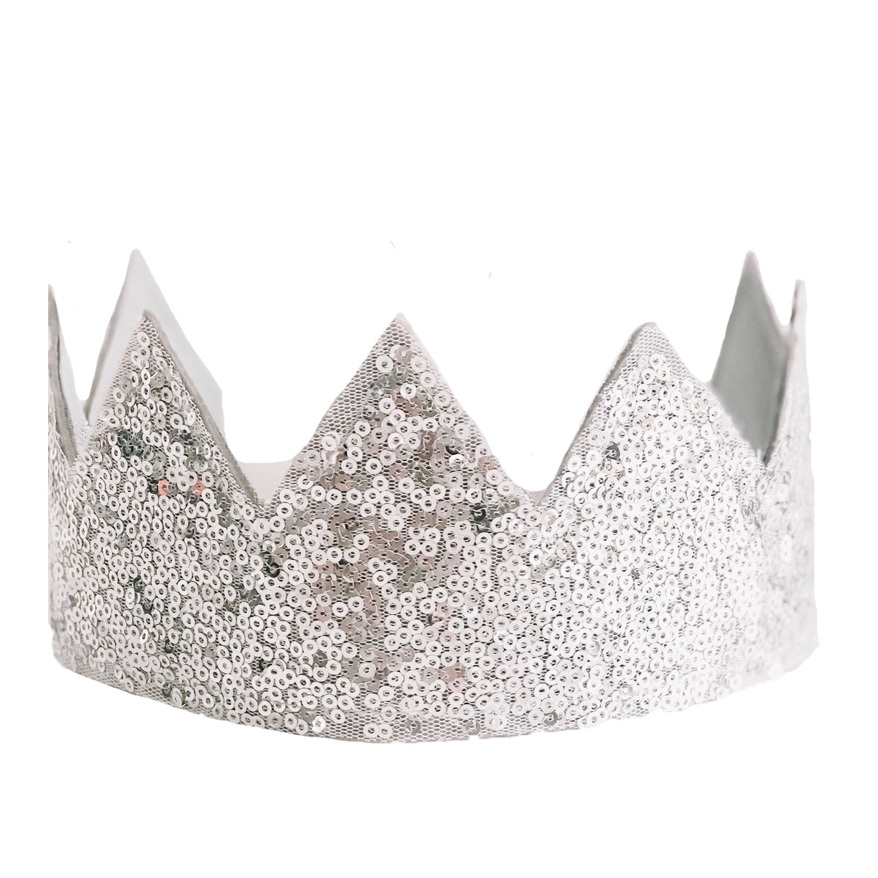 Silver crown with pointed peaks covered in shiny sequins for kids dress-up or decor.