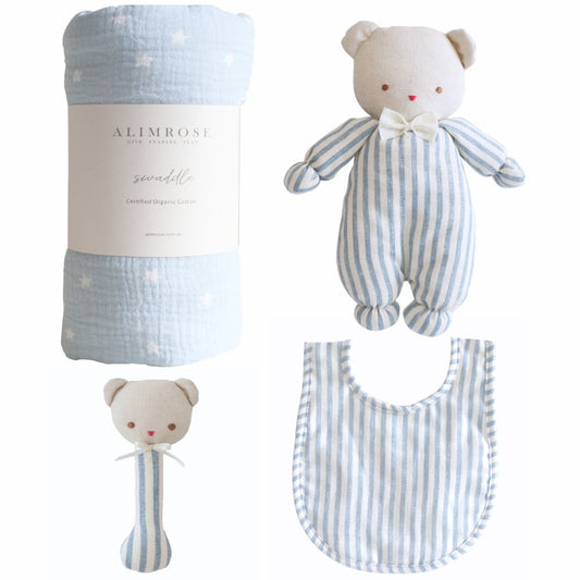 Gift Set including swaddle, soft teddy, teddy rattle and bib all in pale blue colour
