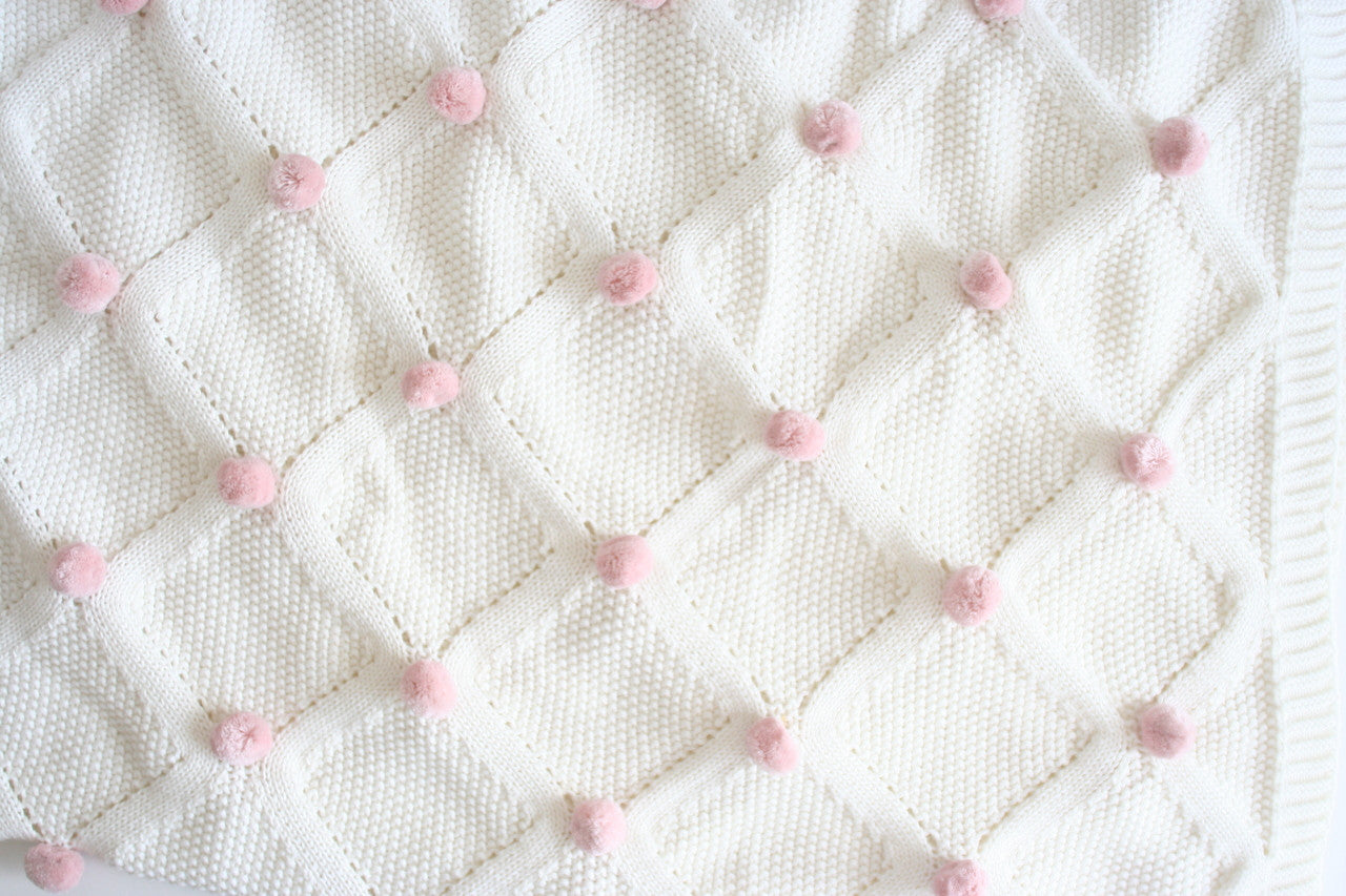 Pom Pom Baby Blanket Pink Ivory