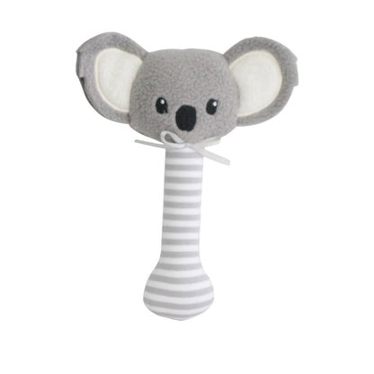 Cute grey koala stick rattle for babies, designed for tiny hands and safe mouthing, suitable for 3 months and up.